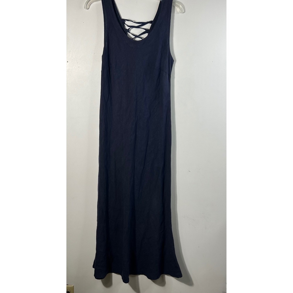 Lavinia Temple Navy Blue Linen Lace Up Back Maxi Dress Made in Italy Sleeveless